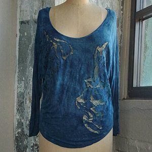 FREE PEOPLE Lace Cut Out Blue Scoop Neck Long Sleeve  Cotton Top, Size S